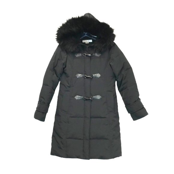 LARRY LEVINE Black Down Puffer Coat Hooded MidiWomens XS Fox Fur Trim on Hood Jackets Coats